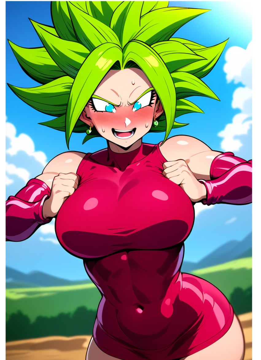 ai_generated blue blush confused_face cute_face dragon_ball_super eyes green_hair kefla lupusorchis pink potara_earrings retouched suit