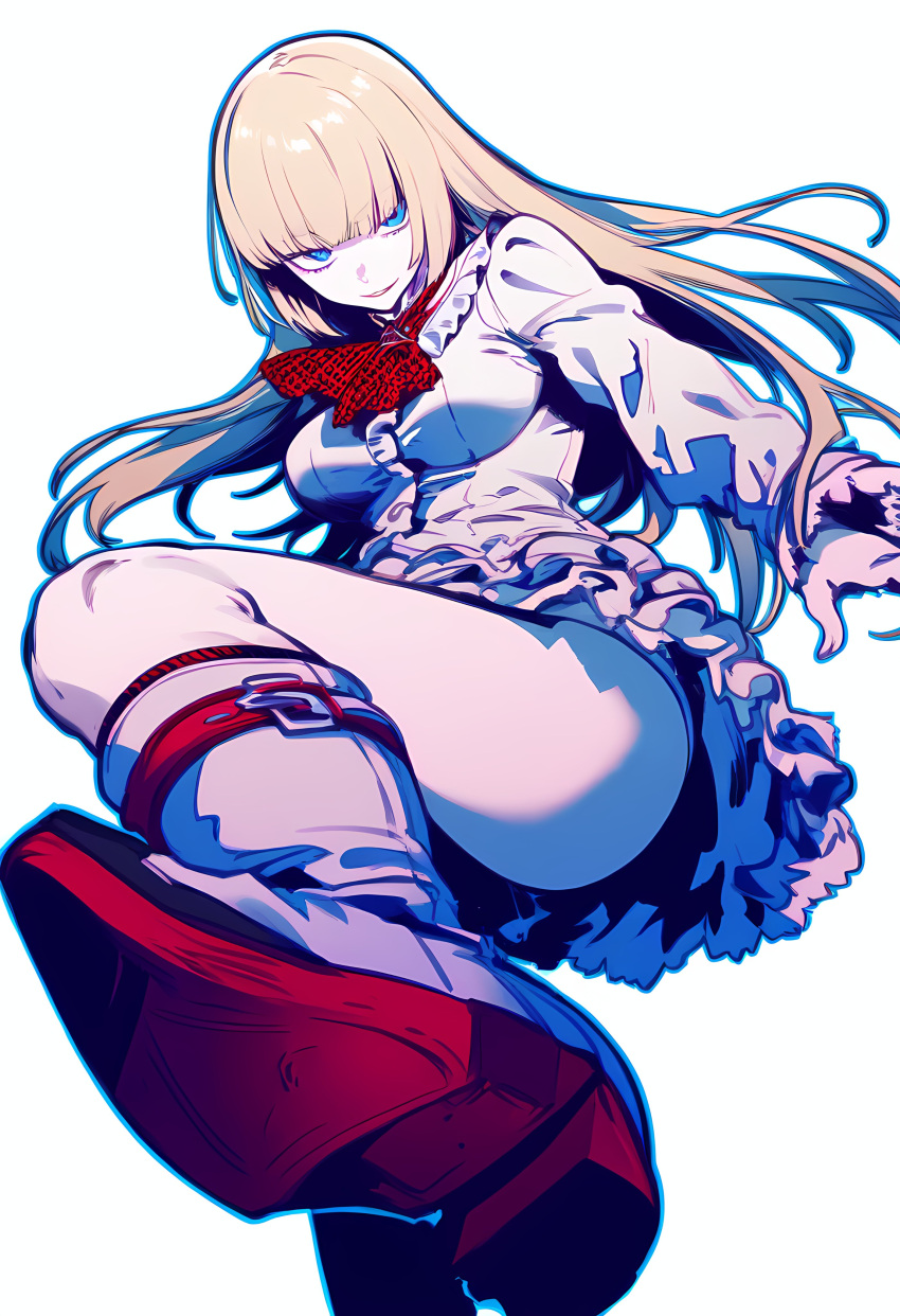 ass blonde_hair blue_eyes blunt_bangs dress emilie_de_rochefort female high_heels kicking stepping tekken thighs upskirt warotamin3