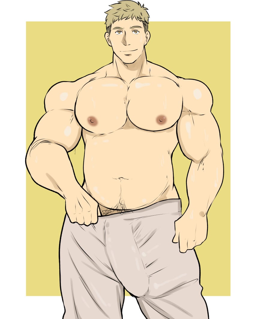 abs bara biceps big_bulge blonde_hair bulge bulge_through_clothing clothing delicious_in_dungeon dungeon_meshi erection_under_clothes flaccid himbo hoybarartist huge_bulge laios_touden male male_nipples male_only manly muscular_male nipples pecs penis_outline penis_under_clothes solo solo_male