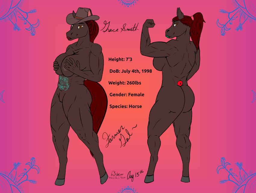 abs amber_eyes anthro ass bbear big_breasts big_butt biped breast_squish breasts clothing cowboy_hat dated digital_media_(artwork) equid equine female fur genitals grace_(bbear) hair hat headgear headwear hi_res horse huge_breasts long_hair looking_at_viewer looking_back mammal model_sheet muscular muscular_anthro muscular_female muscular_thighs nipples nude ponytail pubic_tattoo pussy red_hair signature simple_background smile solo squish standing tail text thick_thighs wide_hips