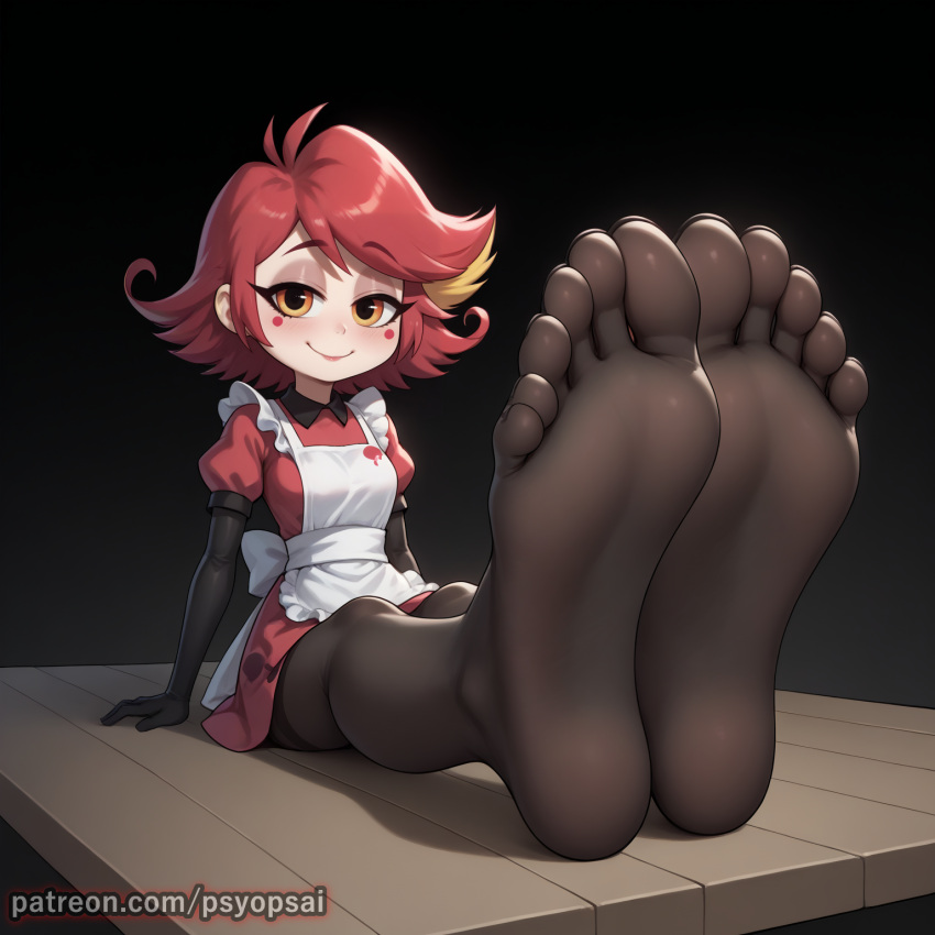 1girls ai_generated artist_name clothed clothing colored digital_media_(artwork) feet feet_focus female female_focus female_only fit_female foot_fetish front_view hazbin_hotel multi_digit multi_toe niffty pantyhose psyopsai solo solo_focus watermark