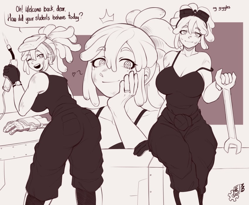 1girls aged_up ass big_ass breasts english_text erusensei female from_behind implied_relationship large_breasts mechanic mei_hatsume my_hero_academia pants ponytail post-timeskip rear_view smile smiling smiling_at_viewer strap_slip talking_to_viewer tank_top wife