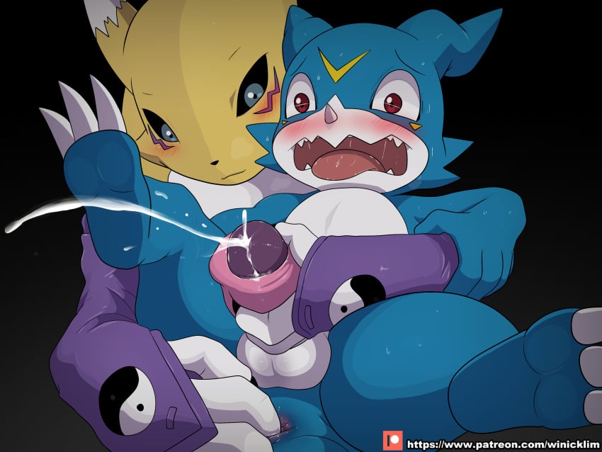 1boy 1girls 2021 anus armwear balls black_background black_sclera blue_eyes blush cum cumshot digimon digimon_(species) female fingering fingering_ass fingering_partner handjob male masturbating onahole open_mouth penis pleasure_face red_eyes renamon smile tongue_out veemon very_high_resolution winick-lim yin_yang