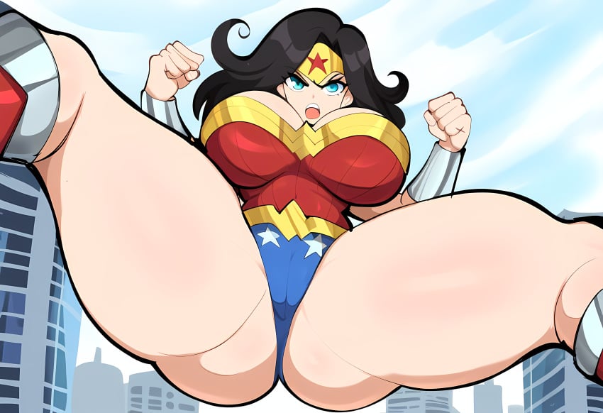 action_pose ai_generated amazon amazonian cameltoe city dc dc_comics diana_prince female large_breasts mullon novelai superheroine thick_thighs voluptuous voluptuous_female wonder_woman wonder_woman_(series)