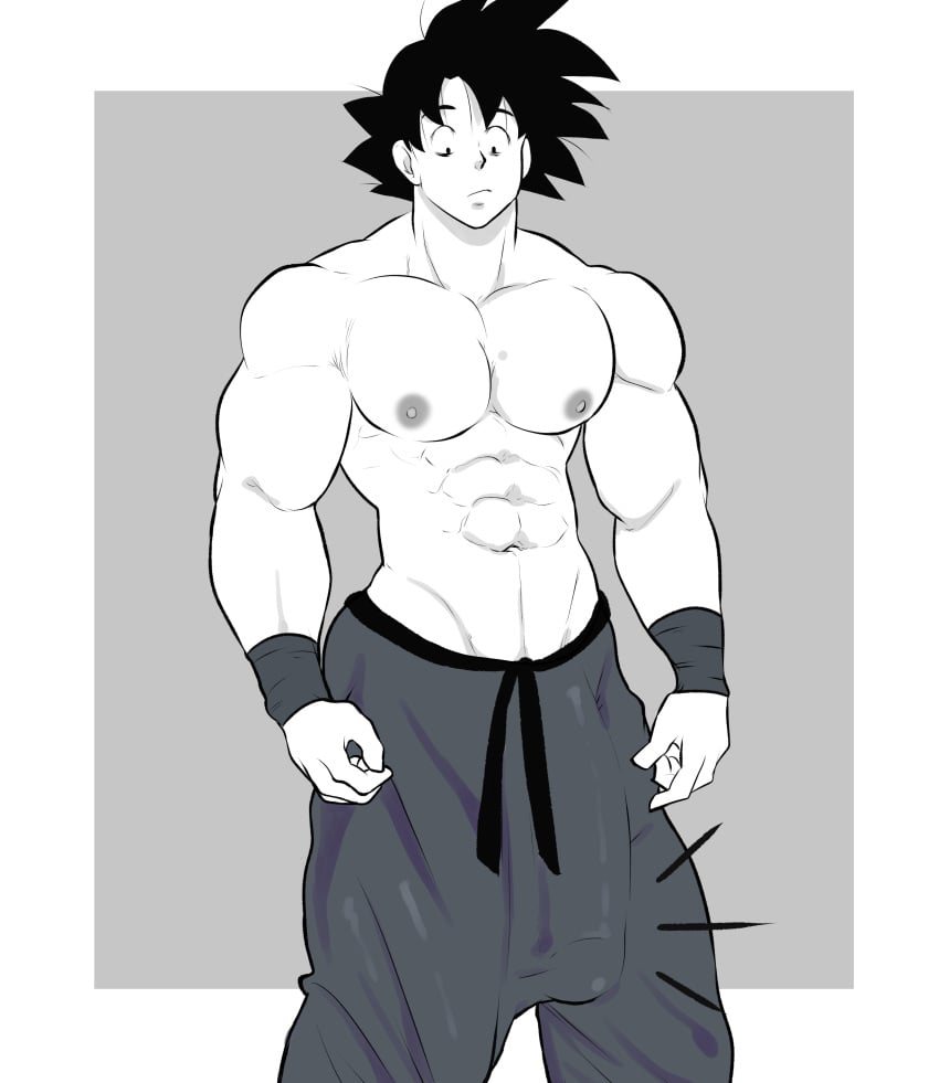 abs bara biceps big_bulge bulge clothing dragon_ball dragon_ball_z erection_under_clothes flaccid hoybarartist huge_bulge male male_nipples male_only manly monochrome muscular_male nipples pecs penis_outline solo solo_male son_goku toei_animation