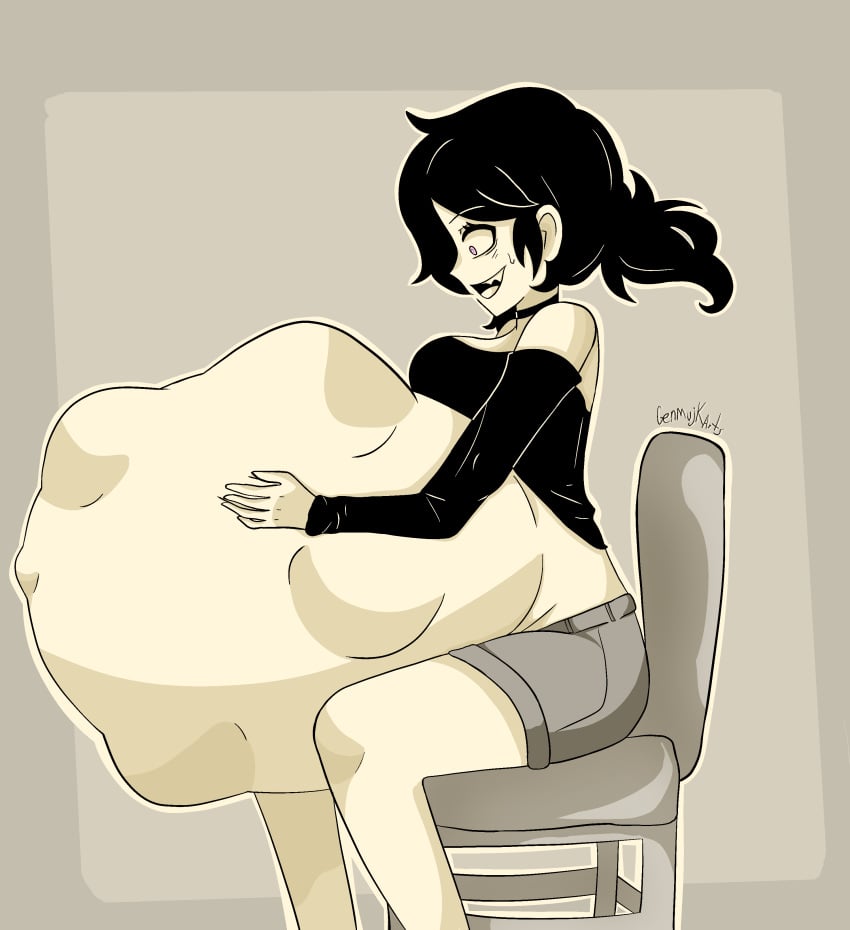 2d ashley_graves belly big_belly black_hair breasts chair choker crop_top female female_focus female_pred genmujik holding_belly legs ponytail purple_eyes shorts sitting sitting_on_chair squirming squirming_gut tagme the_coffin_of_andy_and_leyley thighs unkown_prey vore