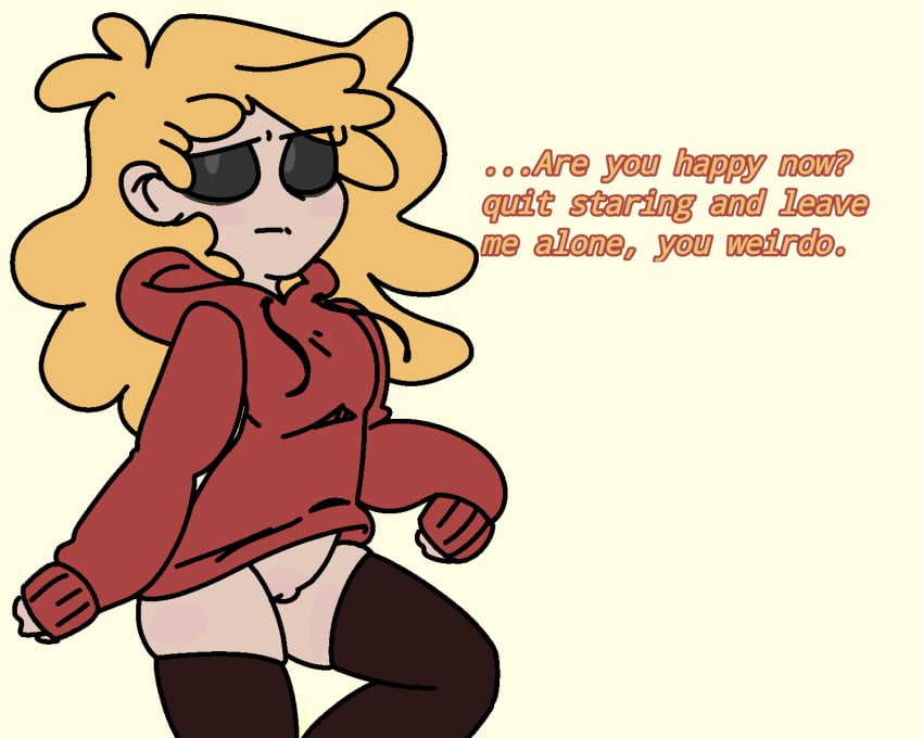 anonymous_artist artist_request black_sclera blonde_hair blush bottomless dialogue gomotion hoodie_only thick_thighs thighhighs trans_(lore) youtube youtuber youtuber_girl