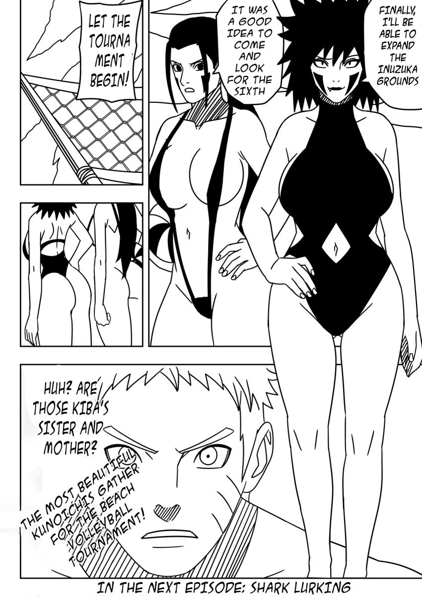 1boy 2girls beach big_breasts breasts cleavage comic dialogue english_text facepaint facial_markings holding_object huge_breasts impossible_swimsuit inuzuka_hana inuzuka_tsume large_breasts makeup mature mature_female mature_woman milf monochrome mother_and_daughter multiple_girls naruto naruto:_the_last naruto_(series) naruto_shippuden ninrubio oerba_yun_fang one-piece_swimsuit revealing_swimsuit seaside sling_bikini slingshot_swimsuit story text uzumaki_naruto volleyball volleyball_(ball) volleyball_net voluptuous voluptuous_female