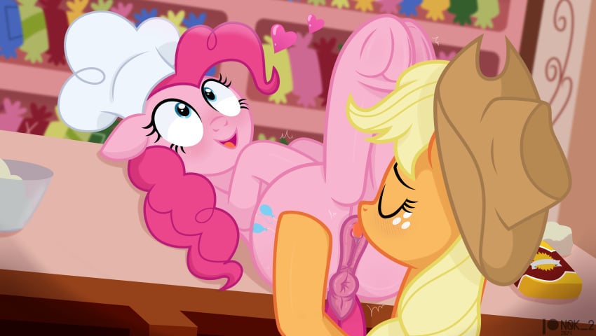 absurd_res accurate_art_style anus applejack_(mlp) blue_eyes blush chef_hat closed_eyes clothing cowboy_hat duo equid equine female female/female feral friendship_is_magic genitals happy hasbro hat headgear headwear heart_symbol hi_res horse licking mammal my_little_pony n0kkun open_mouth pinkie_pie_(mlp) pony pussy tongue