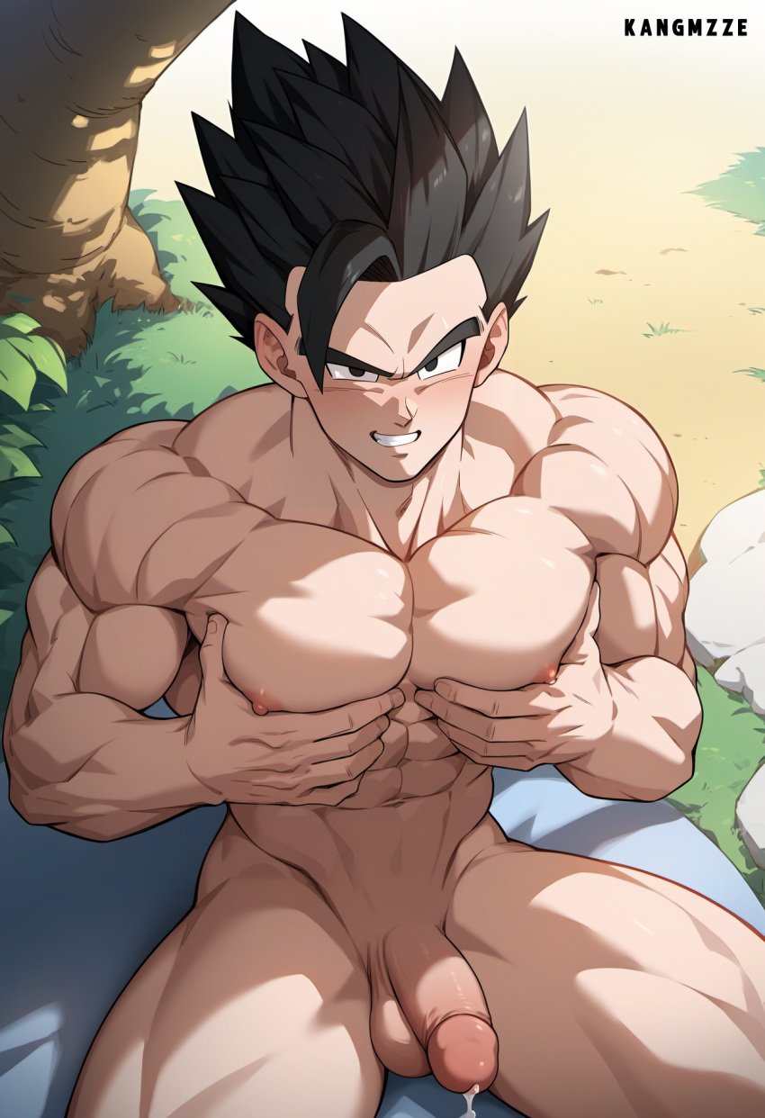 abs ai_generated balls bara biceps big_balls big_penis dragon_ball dragon_ball_z gay kangmzze male male_nipples male_only muscular_male nipples nude pecs penis son_gohan toei_animation