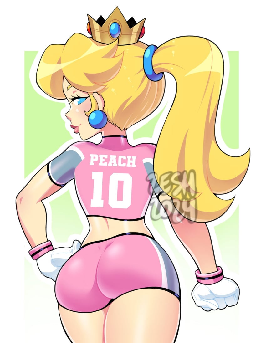 1girls ass athletic_female blonde_hair blue_eyes booty_shorts bubble_butt clothing crown dat_ass female female_only fully_clothed gloves hand_on_hip hourglass_figure human lipstick long_hair looking_at_viewer looking_back mario_(series) mario_strikers nintendo pink_shorts ponytail princess_peach solo solo_female tight_clothing voluptuous voluptuous_female zeshgolden