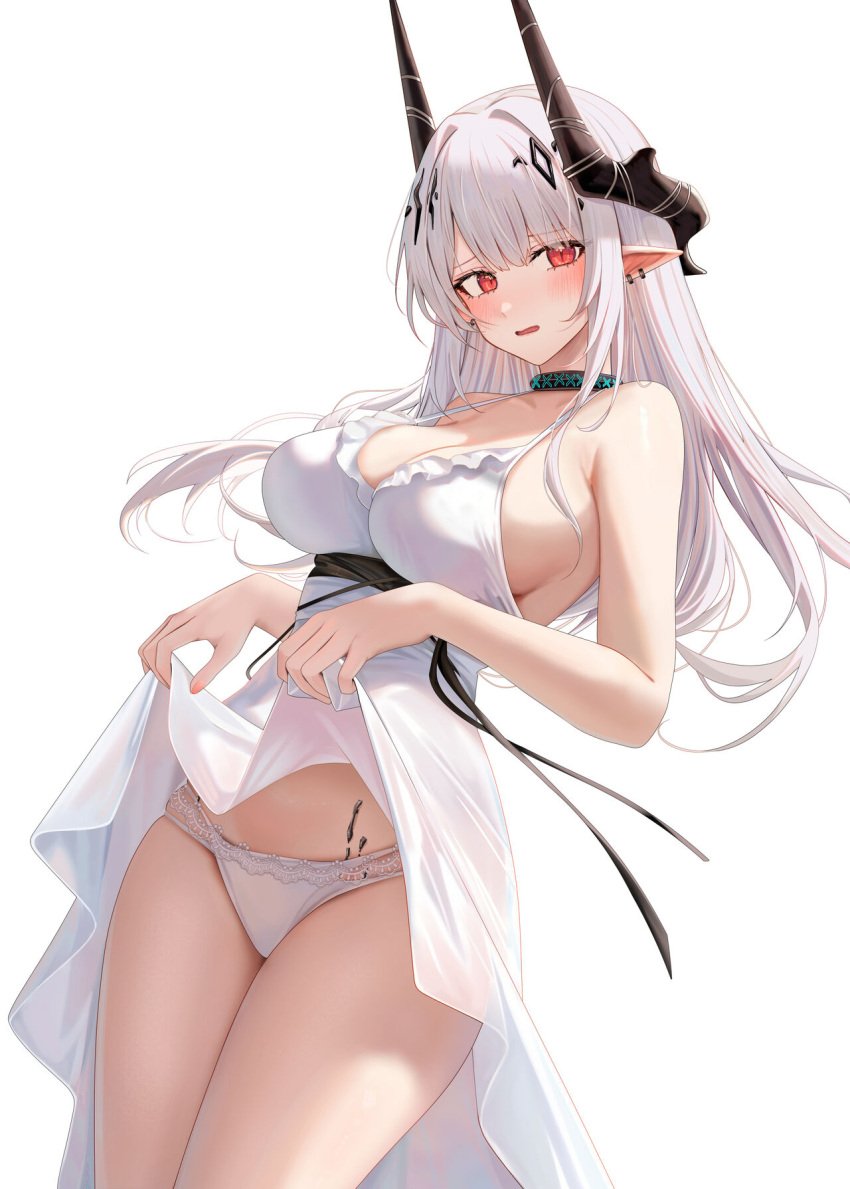 1girls 2020s 2024 arknights big_breasts breasts hi_res horns light-skinned_female light_skin long_hair mudrock_(arknights) pointy_ears red_eyes ru_zhai sideboob simple_background skirt skirt_lift solo standing white_background white_hair