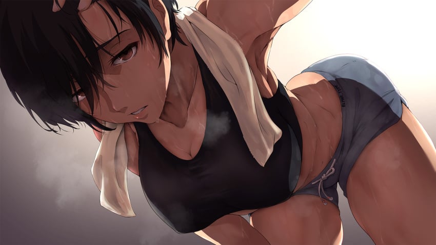 alpha-type armpit asian asian_female attack_on_titan black_hair black_tank_top black_topwear cleavage fit_female gym_shorts lower_lip medium_hair mikasa_ackerman shingeki_no_kyojin simple_background sportswear steam steaming_body sweat sweating sweaty sweaty_body tank_top thighs tomboy towel_around_neck workout workout_clothes workout_clothing