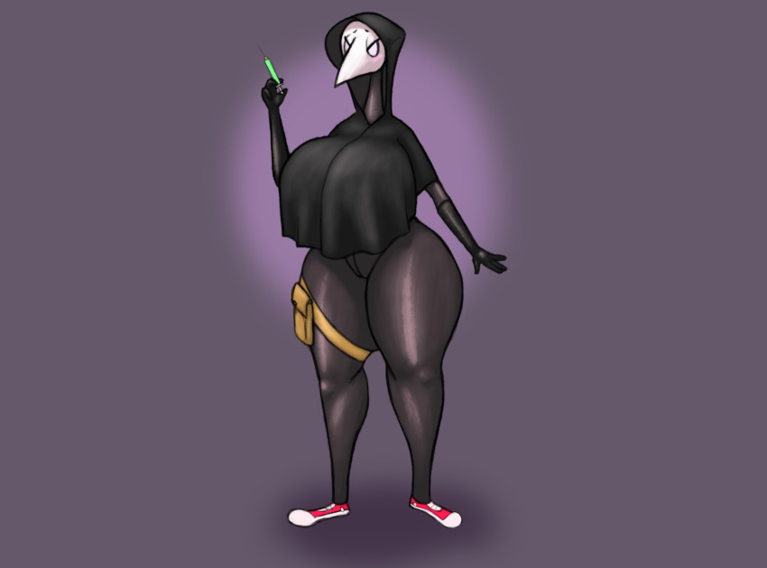 anthro arthropod big_breasts black_body blush breasts clothing female footwear hi_res jacket jovi_cap shoes solo syringe topwear white_face