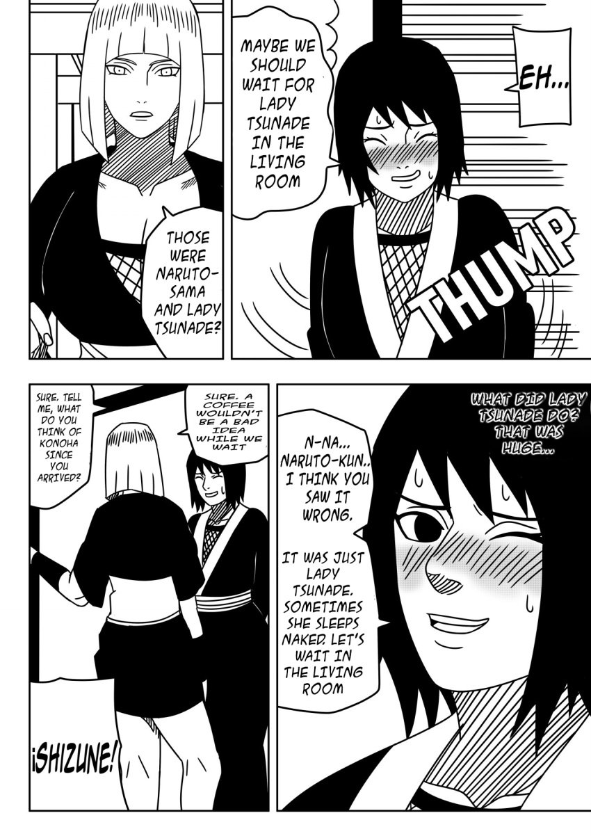 2girls ashamed big_breasts blush breasts cleavage comic dress embarrassed english_text huge_breasts kimono kunoichi large_breasts mature mature_female medium_breasts milf monochrome multiple_girls naruto naruto:_the_last naruto_(series) naruto_shippuden nervous nervous_smile nervous_sweat ninja ninrubio samui shizune story sweat voluptuous voluptuous_female