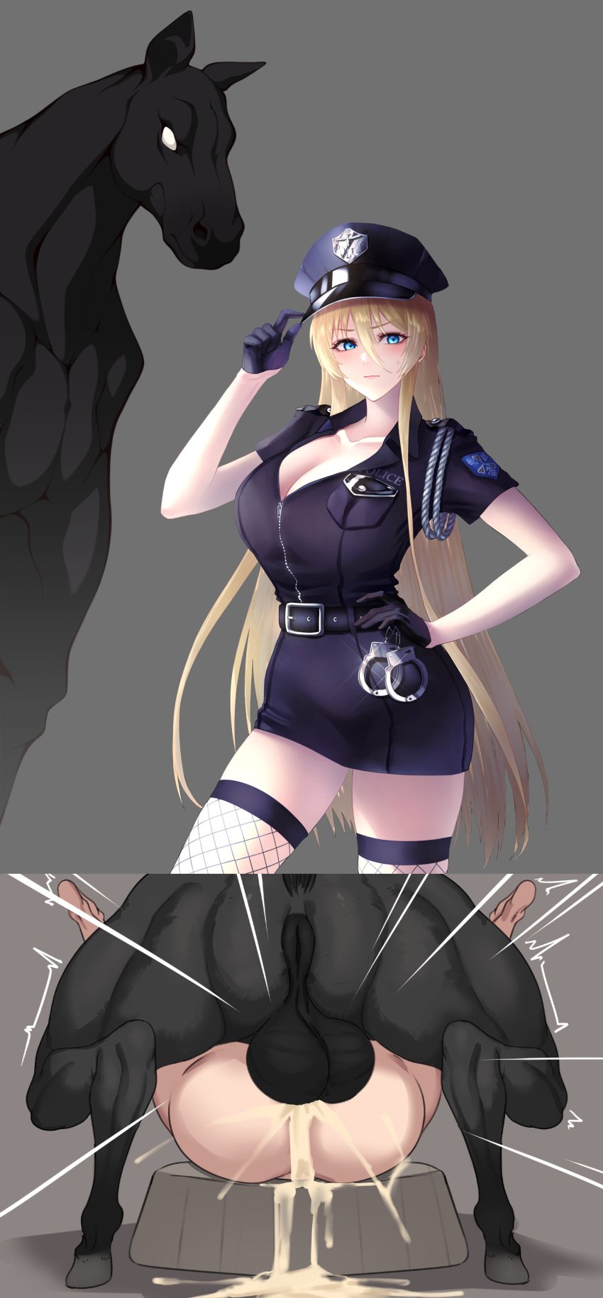 1animal 1girls alternate_costume anus ass azur_lane big_ass big_balls big_breasts bismarck_(azur_lane) black_gloves black_hat blonde_hair blue_eyes blush bodily_fluids breast_pocket breasts cleavage closed_mouth collarbone cum cum_drip cum_in_pussy cum_inside cum_pool dominant_feral edit equine equine_anus excessive_cum feral_on_female feral_on_human fishnet_thighhighs fishnets gloves hand_on_own_hip hand_up handcuffs hat horse imminent_bestiality imminent_sex instant_loss_2koma interspecies large_breasts long_hair mating_press police police_uniform policewoman sex short_sleeves size_difference zoophilia