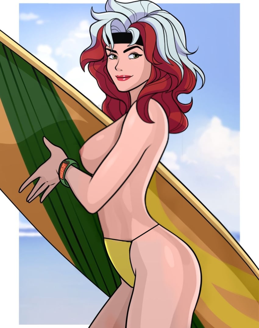 1girl 1girls anna_marie areola beach blue_sky bracelet cloud clouds kimkai kimkai_drawings large_breasts long_hair looking_to_the_side marvel marvel_comics nipple panties red_hair red_lips red_lipstick rogue_(x-men) sky solo solo_female solo_focus surfboard topless topless_female two_tone_hair white_hair x-men_97