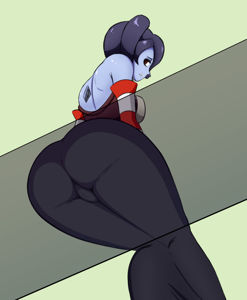 against_glass ass ass_on_glass ass_press blue_hair blue_skin female fibilis from_below huge_ass pussy_on_glass red_eyes sitting skullgirls solo squigly thighs_on_glass transparent