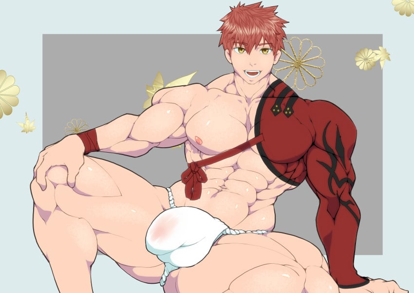 abs balls_under_clothes bara biceps bulge emiya_shirou fate/grand_order fate_(series) fundoshi japanese_clothing male male_nipples male_only manly muramasa_(fate) muscular_male nipples pecs penis_outline penis_under_clothes red_hair snowsnowsummer