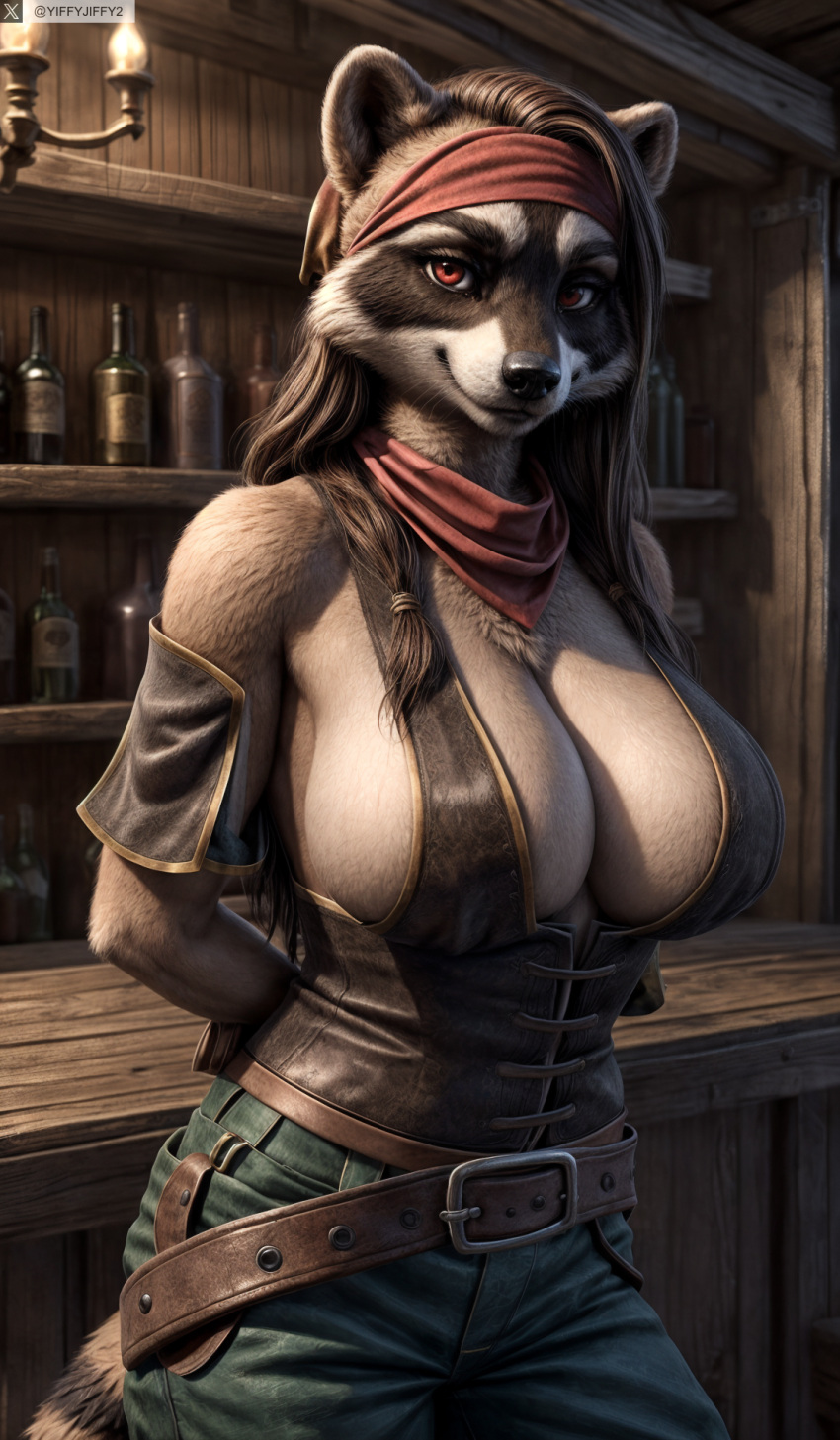 ai_generated animal_ears anthro arms_behind_back artist_name bandana belt bottle braid breasts brown_hair cleavage female female_anthro furry furry_female headband hi_res high_resolution highres indoors large_breasts long_hair looking_at_viewer pants photorealistic realistic red_bandana red_eyes smile snout solo stable_diffusion tail twitter twitter_username watermark yiffyjiffy2 yiffyjiffy69