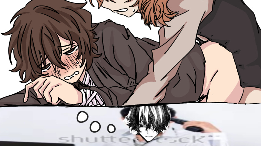 2boys blush brown_hair bungo_stray_dogs bungou_stray_dogs chuuya_nakahara clothed_sex dazai_osamu ginger male male/male male_focus male_only male_penetrated male_penetrating male_penetrating_male meme nakahara_chuuya osamu_dazai sex thinking thought_bubble