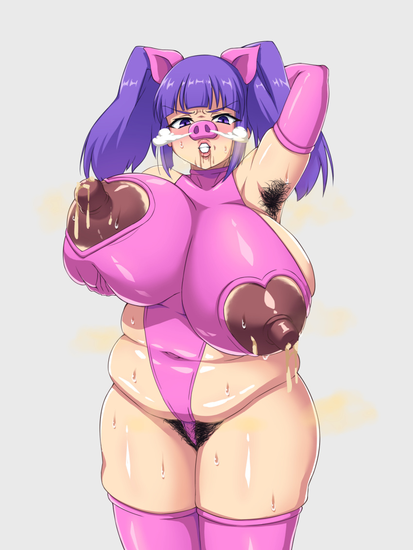 armpit_hair armpits bimbo_lips bodysuit female_armpit_hair hairy_armpits huge_ass huge_breasts kakikorori latex lips patchouli_knowledge pig_costume pig_ears pig_nose thick_lips thick_thighs touhou wide_hips