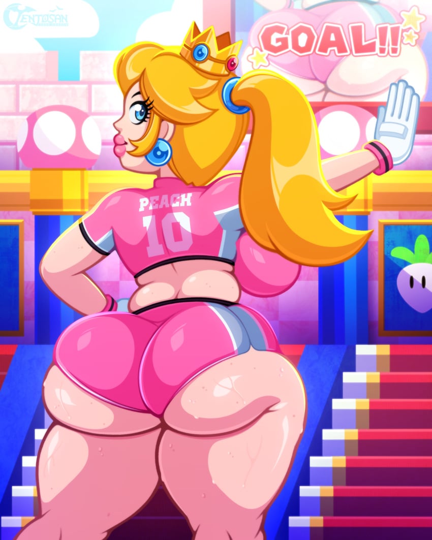 ass big_ass big_butt blonde_hair booty_shorts chubby crop_top earrings gloves huge_ass jumbotron kneepits looking_back mario_(series) mario_strikers mario_strikers_peach_back_view_redraw_(meme) nintendo pink_shorts ponytail princess_peach short_shorts shorts sideboob soccer_uniform sweat sweaty sweaty_butt tenjosan thick_lips thick_thighs thighs wedgie