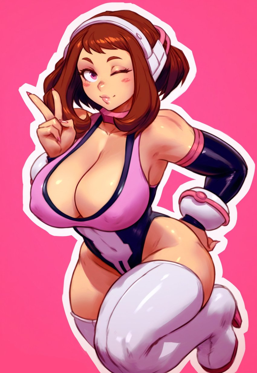 ai_generated big_ass big_breasts big_butt bimbo bimbofication bodysuit cleavage corruption krystalizedart magic midjourney mind_break mind_control my_hero_academia ochako_uraraka pink_clothing pink_eyes pink_hair pleasure_face smile student superheroine thick_thighs transformation