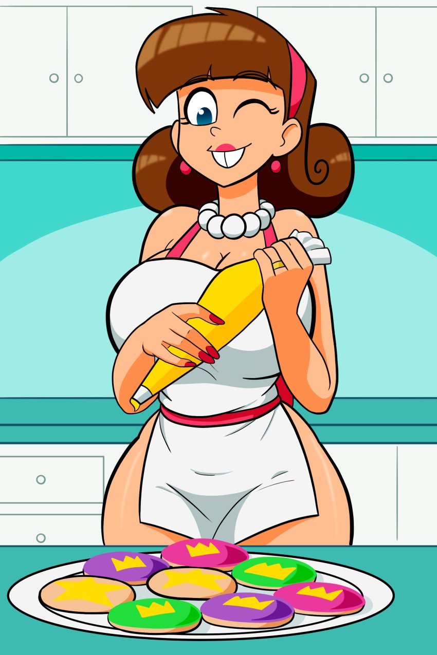 apron apron_only big_ass big_breasts blue_eyes cookies cooking earrings genderswap_(mtf) kitchen large_ass large_breasts mature_female milf necklace nickelodeon plate rule_63 solo_female the_fairly_oddparents thick_thighs timantha timmy_turner wide_hips zurc014