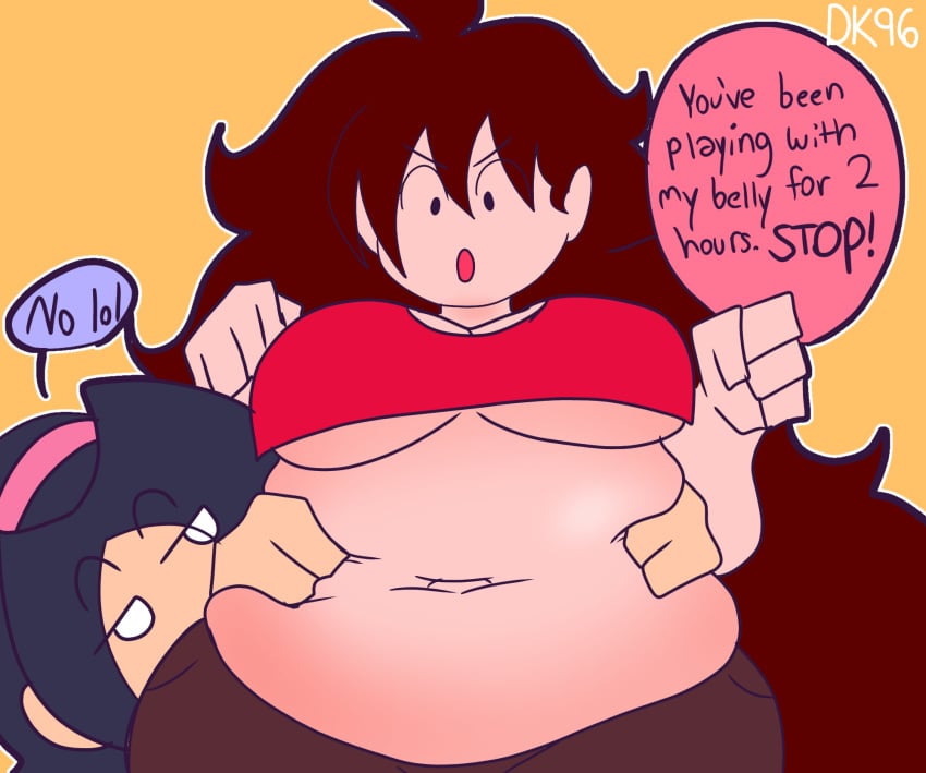 2girls belly belly_grab belly_play chubby chubby_belly chubby_female crop_top daisykitty96 dialogue fnf friday_night_chubby friday_night_funkin girlfriend_(friday_night_funkin) jeans nene_(newgrounds) speech_bubble