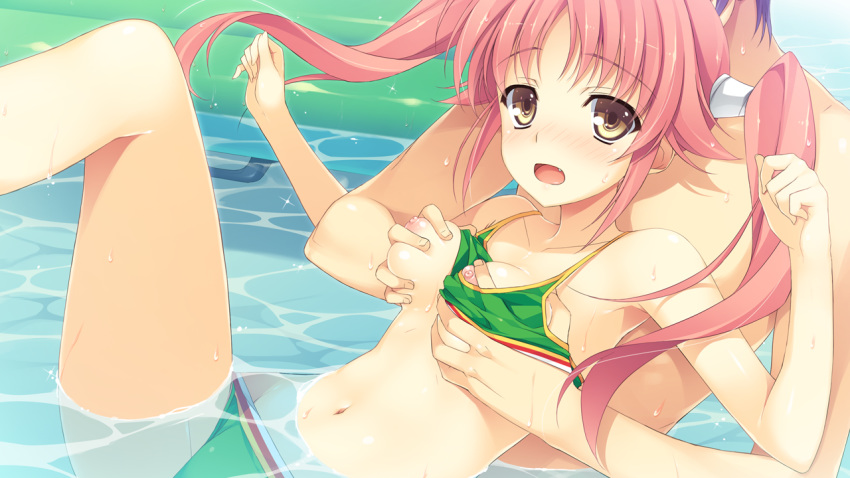 bikini blush breast_grab breasts game_cg kazama_akari koikishi_purely_kiss nipples pink_hair swimsuit wet yuuki_hagure