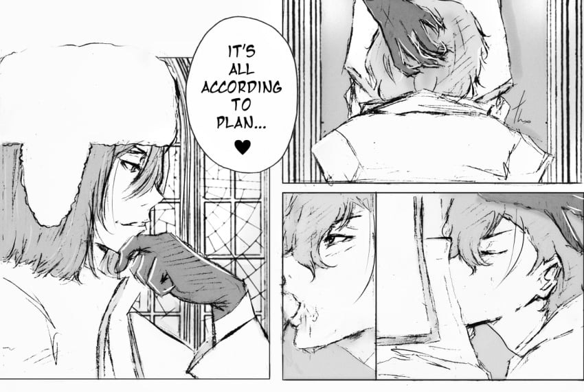 a4th blowjob blowjob_only bsd bungo_stray_dogs bungou_stray_dogs closed_eyes clothed clothed_blowjob clothed_male clothed_male_clothed_male clothed_sex clothing comic dazai_osamu dialogue drool drooling english english_dialogue english_text eyes_open fyodor_dostoevsky fyozai grey_background greyscale hand_in_hair hand_on_another's_head hand_on_head hand_over_head head_grab head_grabbing looking_at_another looking_at_partner looking_at_penis looking_down male male/male male_focus male_only on_knee on_knees oral oral_insertion oral_penetration oral_sex osamu_dazai penis precum smile smirk smug sucking sucking_dick sucking_penis