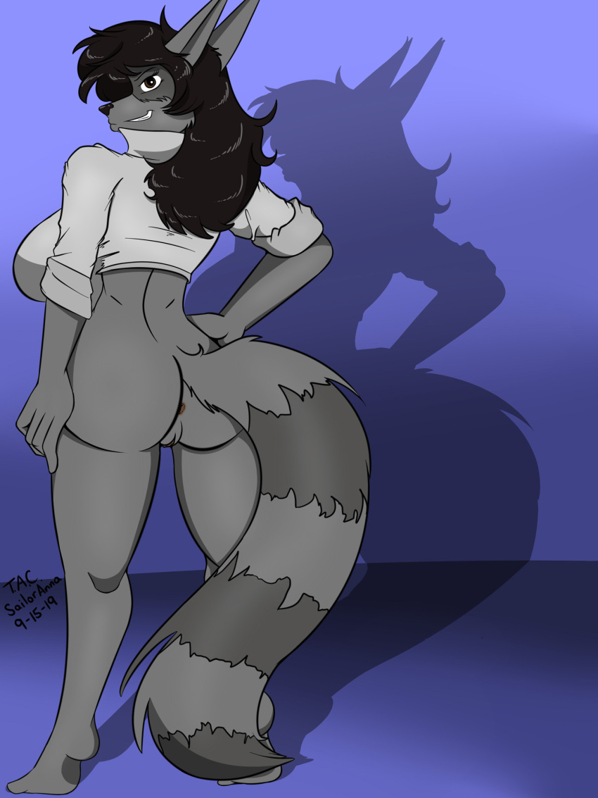 2019 anthro anus ass black_hair black_nose breasts clothing facial_markings female fur genitals grey_body grey_fur hair head_markings hi_res mammal markings mask_(marking) procyonid pussy raccoon rear_view ring_(marking) ringed_tail sailoranna shirt solo striped_markings striped_tail stripes tail tail_markings topwear tracy_(sailoranna) under_boob