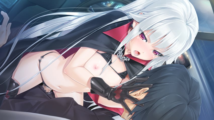 1boy 1girls bikini bikini_lift bishoujo_mangekyou black_gloves black_legwear blush boots breasts cape car car_interior censored clothing fangs female flat_chest game_cg gloves happoubi_jin head_grab kagamino_kirie kagarino_kirie leather long_hair male motor_vehicle navel nipples onogami_shigehiko open_mouth penis purple_eyes right-hand_drive saliva sex skull straddle straight string_bikini swimsuit thigh_boots thighhighs vaginal_penetration vampire vehicle white_hair