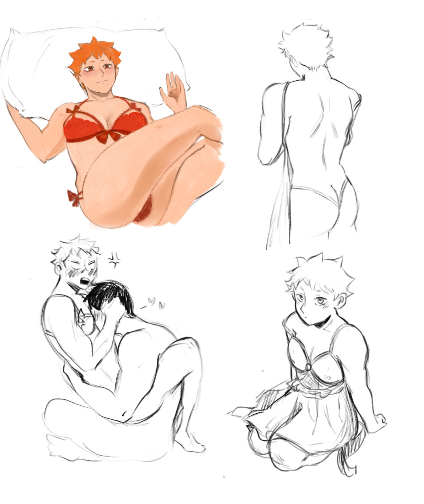 2boys absurdres anal anger_vein blush bra crossdressing cum gay haikyuu!! highres hinata_shouyou hug kageyama_tobio lingerie male_focus multiple_boys non-web_source on_bed orange_hair pillow red_bra shoyo_hinata sitting sitting_on_lap sitting_on_person smile underwear yaoi