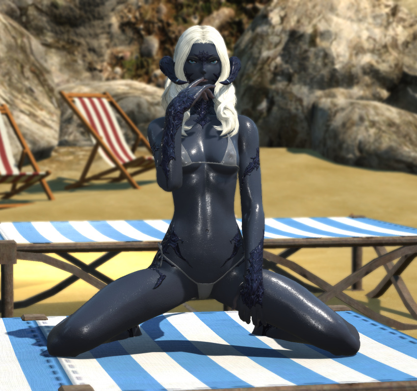 au_ra dark_skin final_fantasy final_fantasy_xiv gpose(ffxiv) horns sadu_dotharl small_breasts swimsuit white_hair