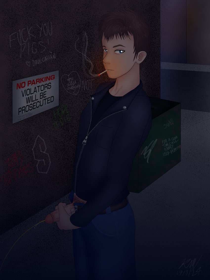 1boy 2024 alan_wilder alley anal_dilwer big_penis blue_eyes brown_hair cigarette depeche_mode graffiti leather_jacket looking_at_viewer musician night outdoors peeing pubic_hair real_person smoking