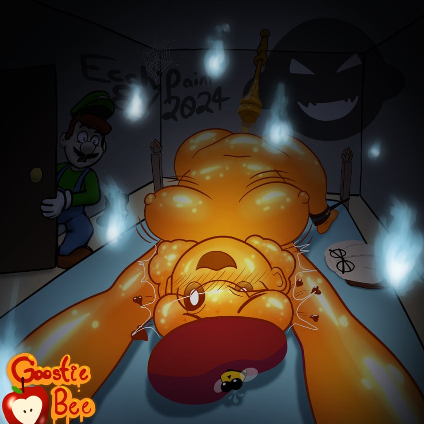 absurdres bee beret boo_(mario) bug ecchipaint ecchipaint female female_orgasm ghost goostie_bee hat highres hitodama honey honey_dipper indie_virtual_youtuber luigi male mario_(series) monster_girl nintendo non-web_source orgasm restrained restraints slime_girl suggestive_fluid virtual_youtuber