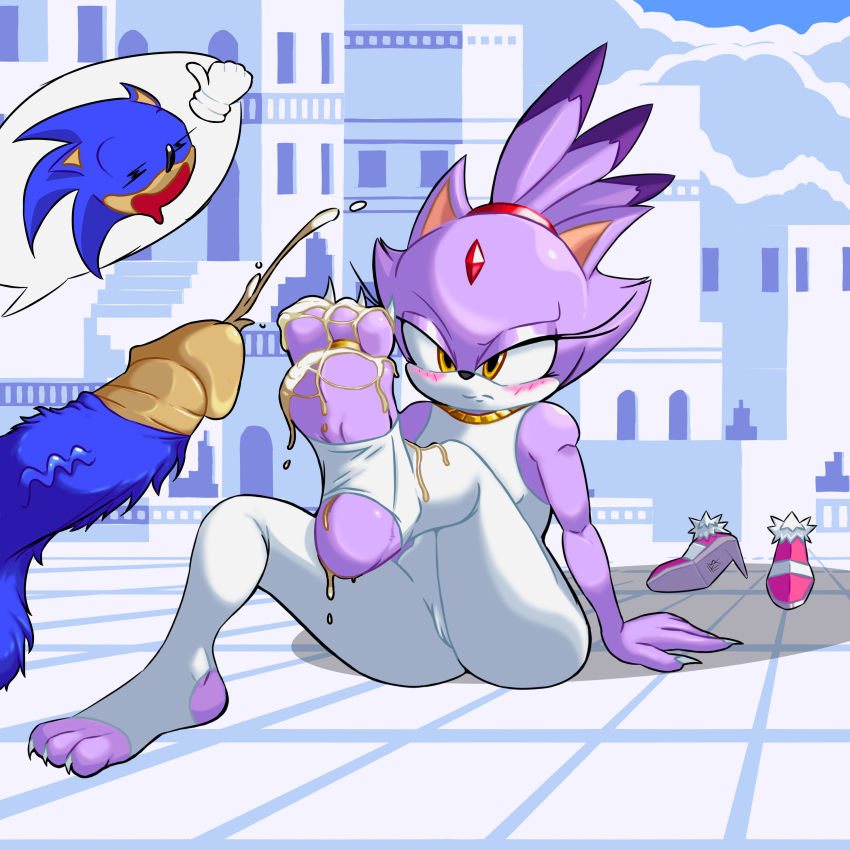 anthro balls blaze_the_cat blush blush_lines claws clothing cock_and_balls cum cum_on_soles feet feet_fetish female male penis post_orgasm public_exposure shoes shoes_off soles sonic_(series) sonic_the_hedgehog stirrup_legwear toering toes worried_expression