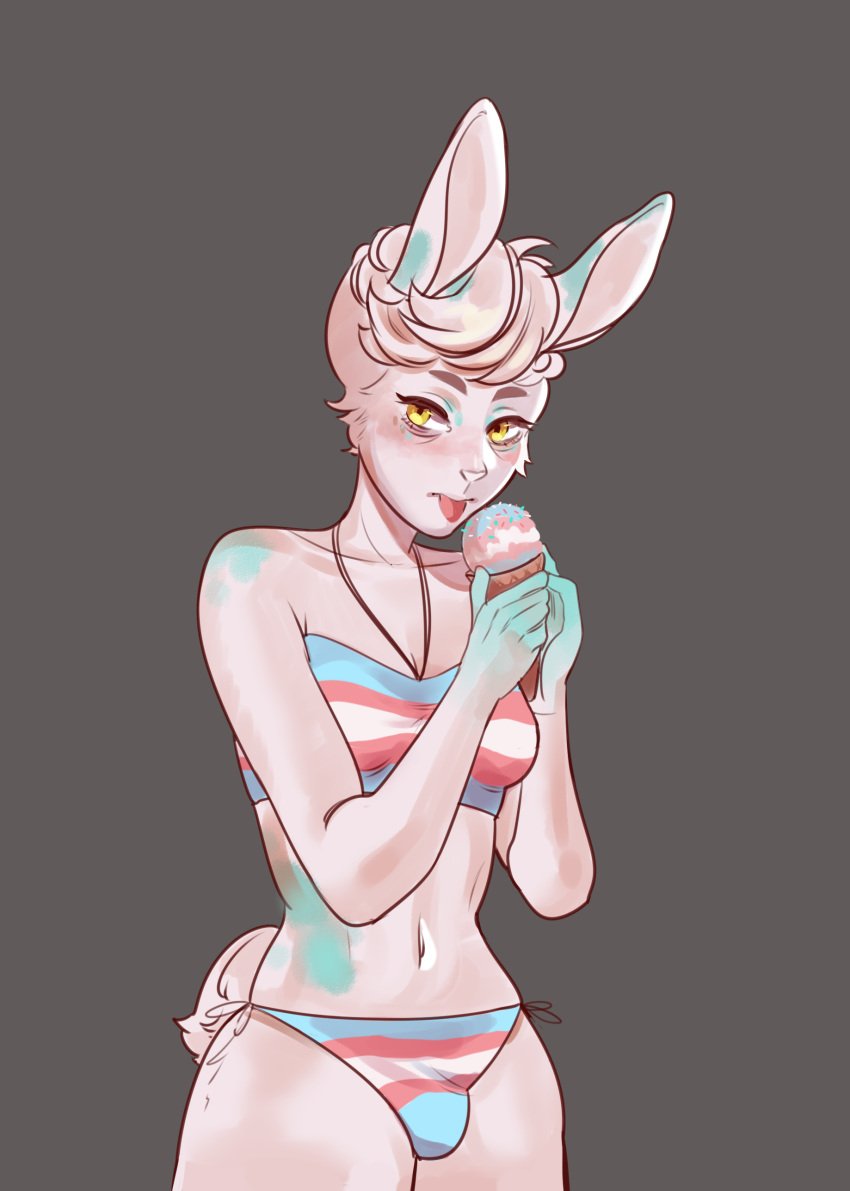 absurd_res anthro bikini blush breasts clothed clothing dessert digital_media_(artwork) eyelashes food fur green_body green_ears green_fur gynomorph hair hi_res ice_cream intersex lagomorph leporid lgbt_pride long_ears looking_at_viewer mammal multicolored_body multicolored_ears multicolored_fur nmkhtz_(artist) pickles_(picklesjars) pride_colors rabbit simple_background solo swimwear tongue tongue_out trans_(lore) trans_woman_(lore) transgender_pride_colors two-piece_swimsuit two_tone_body two_tone_fur white_body white_fur