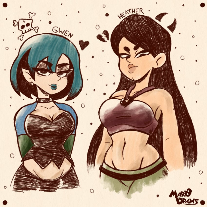 2girls artist_name black_hair blue_lips breasts choker cleavage goth goth_girl gwen_(tdi) heather_(tdi) long_hair looking_at_viewer marodraws navel pointy_ears red_tank_top short_hair shorts tank_top total_drama_(series) total_drama_island two_tone_hair