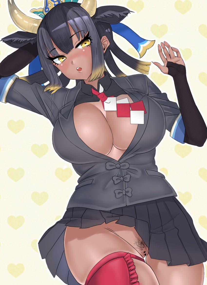 animal_ears arm_behind_head arm_up black_hair black_pubic_hair black_skirt blonde_hair blush breasts bridal_gauntlets censored cleft_of_venus collared_shirt colored_tips cow_ears cow_horns dark-skinned_female dark_skin double-parted_bangs extra_ears female from_above goshingyu-sama_(kemono_friends) grey_hair grey_jacket groin hand_up highres horizontal_pupils horns impossible_clothes impossible_jacket jacket kemono_friends kemono_friends_3 large_breasts long_hair looking_at_viewer lying medium_bangs miniskirt multicolored_hair multicolored_necktie necktie no_bra no_panties nose_blush on_back open_mouth pleated_skirt pussy shirt shivuakichi skindentation skirt solo thigh_strap two-tone_necktie wing_collar yellow_eyes yellow_horns