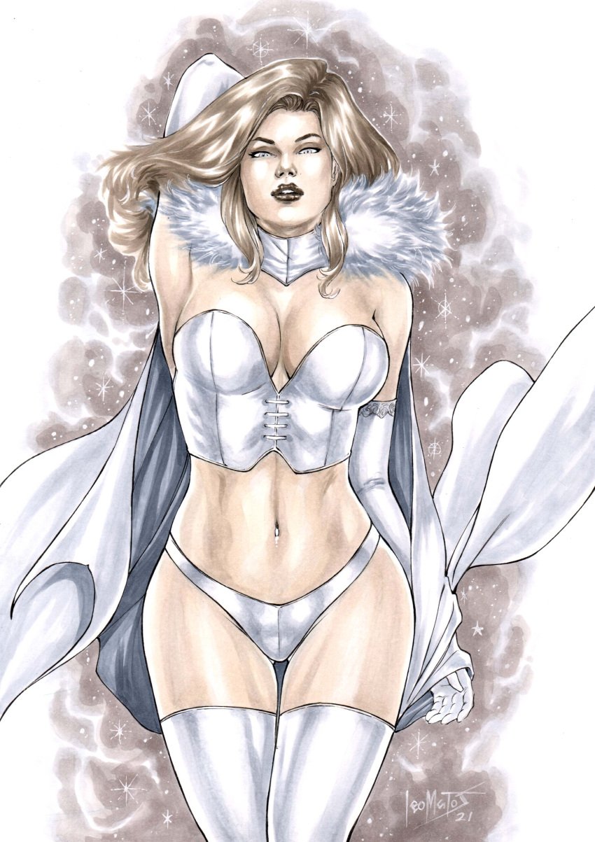 1girls blonde_hair blue_eyes cape clothed emma_frost female female_only fur leo_matos looking_down marvel marvel_comics standing white_cape white_fur white_queen x-men