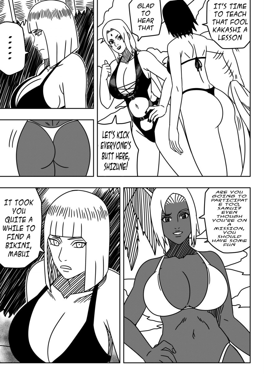 4girls ass ass_focus big_ass big_breasts bikini breasts cleavage comic dark-skinned_female dark_skin dialogue english_text huge_ass huge_breasts large_breasts light-skinned_female light_skin mabui mature mature_female midriff milf monochrome multiple_girls naruto naruto:_the_last naruto_(series) naruto_shippuden ninrubio one-piece_swimsuit revealing_swimsuit samui shizune story swimsuit tsunade voluptuous voluptuous_female