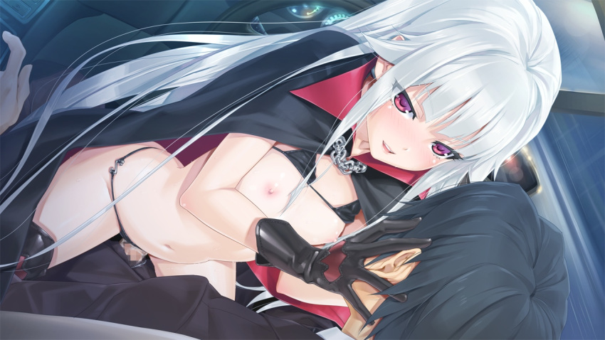 1boy 1girls bikini bishoujo_mangekyou blush boots breasts cape car censored chains clothing fangs female flat_chest game_cg gloves happoubi_jin kagamino_kirie kagarino_kirie long_hair male nipples penis pussy_juice red_eyes sex silver_hair small_breasts smile straight swimsuit vaginal_penetration vampire