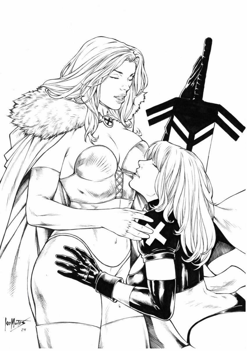 2girls closed_eyes clothed emma_frost female female_only illyana_rasputin imminent_sex leo_matos magik_(illyana_rasputin) marvel marvel_comics multiple_girls uncolored white_queen x-men yuri