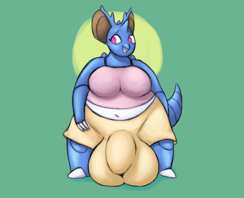 anthro balls big_balls blue_body bottomwear breasts bulge clothing generation_1_pokemon genitals jovi_cap male nidoking nintendo penis pokemon pokemon_(species) purple_eyes shiny_pokemon shirt shorts solo tail topwear