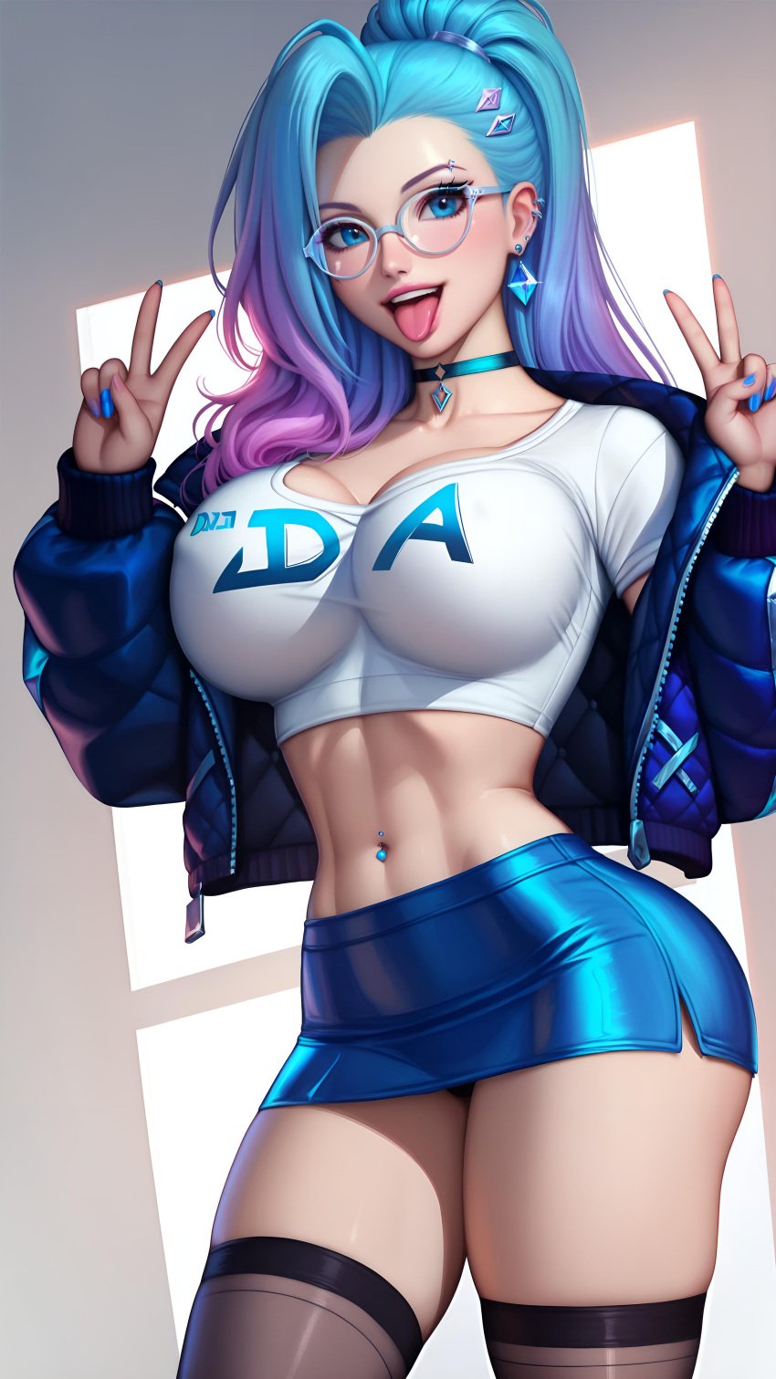 1girls ai_generated ass big_breasts big_smile blue_eyes blue_hair breasts choker cleavage collarbone cute fake_breasts fingers focus glasses hands-free hourglass_figure jacket jacket_open k/da_all_out_series large_breasts league_of_legends light light_blue_hair light_body light_skin looking_at_viewer microskirt midriff miniskirt nails navel_piercing open_mouth piercing pose posing posing_for_picture posing_for_the_viewer riot_games round_breasts seducing seduction seductive seductive_body seductive_eyes seductive_look seductive_mouth seductive_pose seductive_smile seraphine_(league_of_legends) shirt simple_background skirt sky4maleja smile standing thick_thighs thighhighs tight_clothes tight_clothing tongue_out very_long_hair