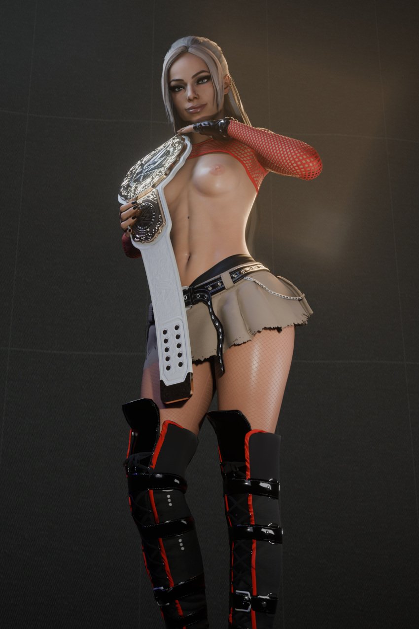 1female 1girls 3d areolae blender blender_(software) blonde_hair enigmaj female female_focus female_only gold_(metal) light-skinned_female liv_morgan looking_at_viewer nipples skirt topless wwe wwe_diva wwe_divas_championship_belt