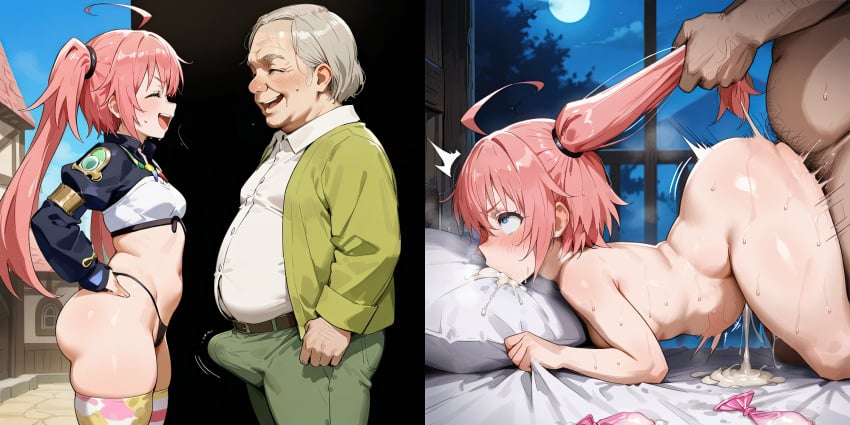 1boy 1boy1girl 1girls 2koma ai_generated bed bedroom blue_eyes blush breasts bulge bulge_through_clothing closed_eyes clothed clothed_female clothing completely_nude completely_nude_female completely_nude_male cum_drip cum_dripping cum_leaking cum_trail cumming_while_penetrating demon_lord doggy_style dripping dripping_cum eyes_rolling_back fat_man female female_penetrated from_behind from_behind_position from_side grabbing grabbing_from_behind hair_grab hair_pull hard_on indoors instant_loss instant_loss_2koma laugh laughing leaking_cum light-skinned_female light_skin looking_up male male/female male_penetrating male_penetrating_female milim_nava motion_lines night on_bed open_eyes pale-skinned_female pale_skin penetration pink_hair pounding rolling_eyes rough_sex semen sex sex_from_behind side_view small_breasts stable_diffusion standing straight sweat sweatdrop sweating sweaty_body tensei_shitara_slime_datta_ken thick_thighs thighs thrusting town twintails used_condom